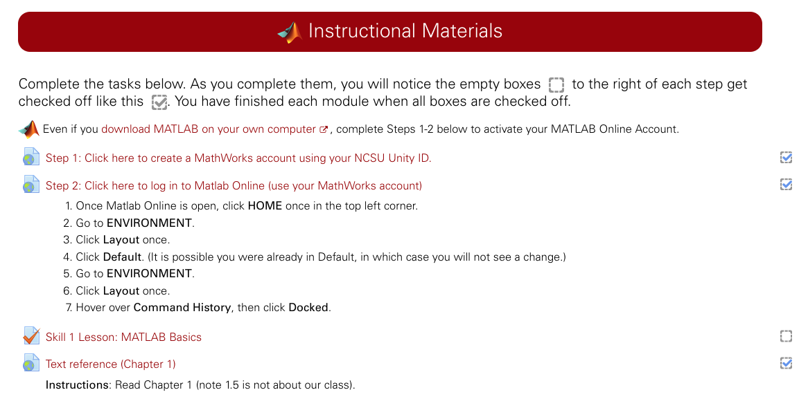 An image of the welcome module for MA 116 in Moodle, showing check boxes for activity completion.
